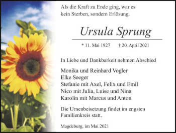 Traueranzeige von Ursula Sprung  von Magdeburger Volksstimme