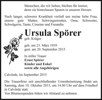 Traueranzeige von Ursula Spörer (geb. Krüger)  von Magdeburger Volksstimme