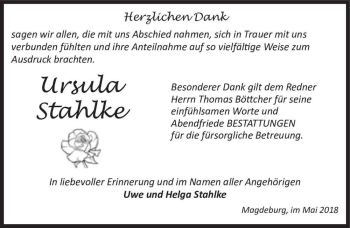 Traueranzeige von Ursula Stahlke  von Magdeburger Volksstimme