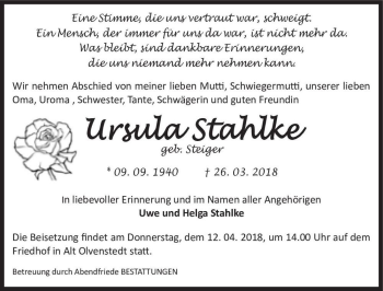 Traueranzeige von Ursula Stahlke (geb. Steiger)  von Magdeburger Volksstimme