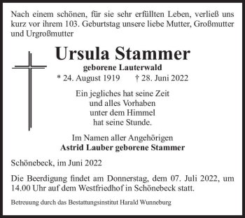 Traueranzeige von Ursula Stammer (geb. Lauterwald)  von Magdeburger Volksstimme