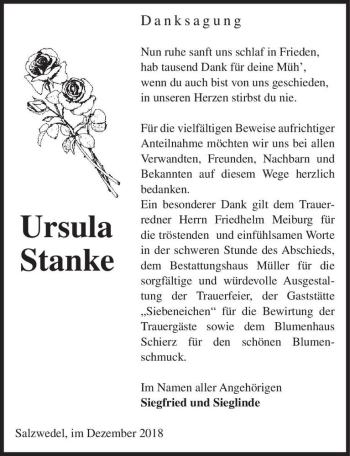 Traueranzeige von Ursula Stanke  von Magdeburger Volksstimme