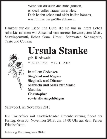 Traueranzeige von Ursula Stanke (geb. Riedewald)  von Magdeburger Volksstimme