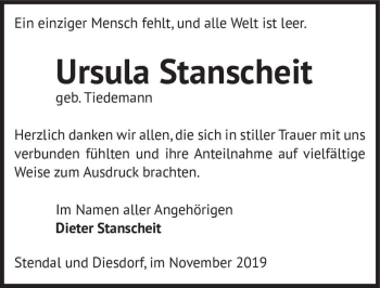 Traueranzeige von Ursula Stanscheit (geb. Tiedemann)  von Magdeburger Volksstimme