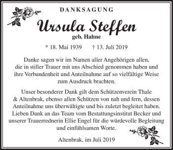 Traueranzeige von Ursula Steffen (geb. Hahne)  von Magdeburger Volksstimme