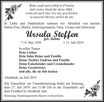 Traueranzeige von Ursula Steffen (geb. Hahne)  von Magdeburger Volksstimme