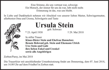 Traueranzeige von Ursula Stein (geb. Schwarz)  von Magdeburger Volksstimme