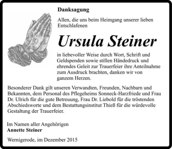 Traueranzeige von Ursula Steiner  von Magdeburger Volksstimme