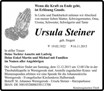 Traueranzeige von Ursula Steiner (geb. Siegert)  von Magdeburger Volksstimme