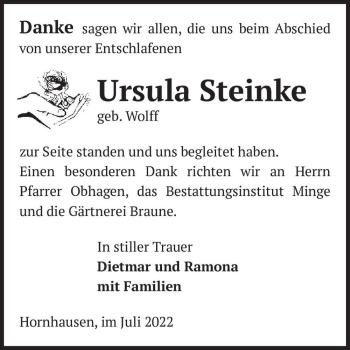 Traueranzeige von Ursula Steinke (geb. Wolff)  von Magdeburger Volksstimme