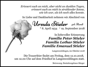 Traueranzeige von Ursula Stieler (geb. Kundt)  von Magdeburger Volksstimme