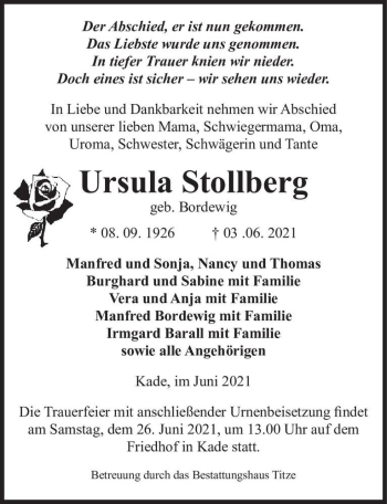 Traueranzeige von Ursula Stollberg (geb. Bordewig)  von Magdeburger Volksstimme