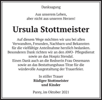Traueranzeige von Ursula Stottmeister  von Magdeburger Volksstimme