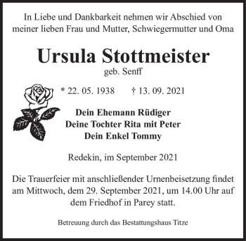 Traueranzeige von Ursula Stottmeister (geb. Senff)  von Magdeburger Volksstimme