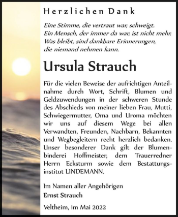 Traueranzeige von Ursula Strauch  von Magdeburger Volksstimme