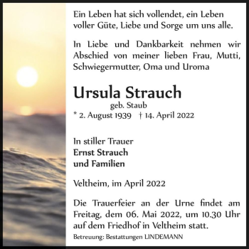 Traueranzeige von Ursula Strauch (geb. Staub)  von Magdeburger Volksstimme