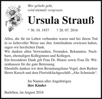 Traueranzeige von Ursula Strauß  von Magdeburger Volksstimme