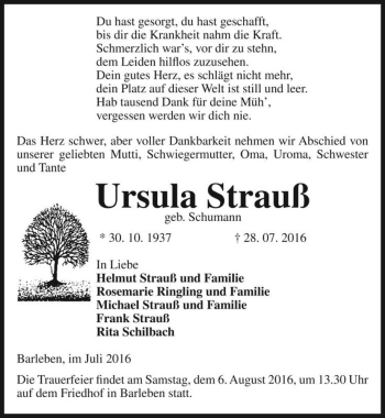 Traueranzeige von Ursula Strauß (geb. Schumann)  von Magdeburger Volksstimme
