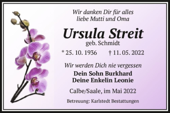 Traueranzeige von Ursula Streit (geb. Schmidt)  von Magdeburger Volksstimme