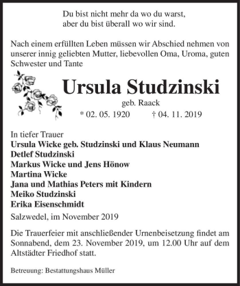 Traueranzeige von Ursula Studzinski (geb. Raack)  von Magdeburger Volksstimme