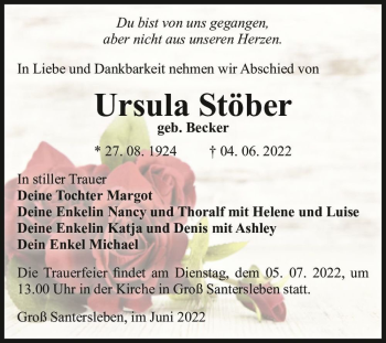 Traueranzeige von Ursula Stöber (geb. Becker)  von Magdeburger Volksstimme