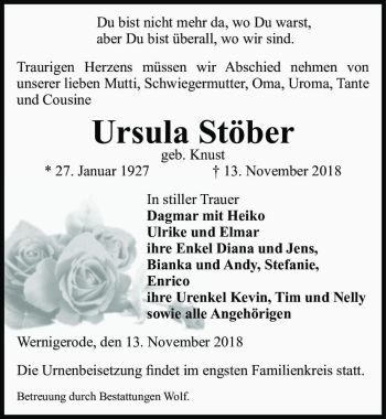 Traueranzeige von Ursula Stöber (geb. Knust)  von Magdeburger Volksstimme