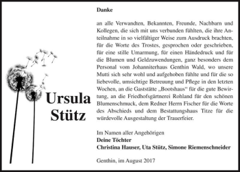 Traueranzeige von Ursula Stütz  von Magdeburger Volksstimme