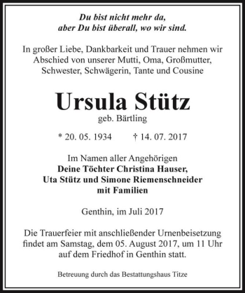 Traueranzeige von Ursula Stütz (geb. Bärtling)  von Magdeburger Volksstimme
