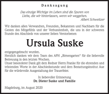 Traueranzeige von Ursula Suske  von Magdeburger Volksstimme