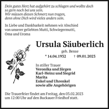 Traueranzeige von Ursula Säuberlich (geb. Bense)  von Magdeburger Volksstimme