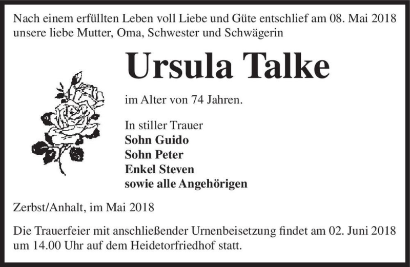  Traueranzeige für Ursula Talke  vom 12.05.2018 aus Magdeburger Volksstimme
