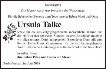 Traueranzeige von Ursula Talke  von Magdeburger Volksstimme