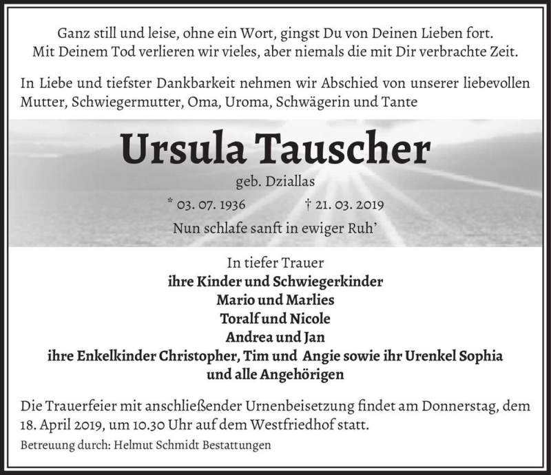  Traueranzeige für Ursula Tauscher (geb. Dziallas)  vom 06.04.2019 aus Magdeburger Volksstimme