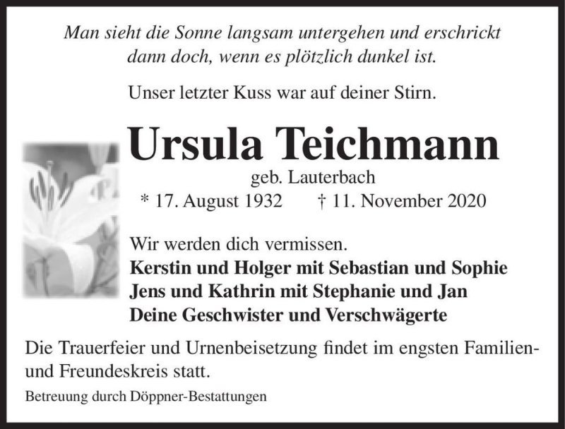  Traueranzeige für Ursula Teichmann (geb. Lauterbach)  vom 21.11.2020 aus Magdeburger Volksstimme
