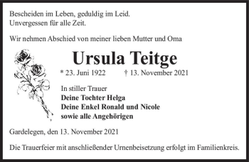 Traueranzeige von Ursula Teitge  von Magdeburger Volksstimme