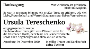 Traueranzeige von Ursula Tereschenko  von Magdeburger Volksstimme