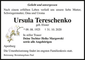 Traueranzeige von Ursula Tereschenko (geb. Elsner)  von Magdeburger Volksstimme