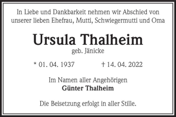 Traueranzeige von Ursula Thalheim (geb. Jänicke)  von Magdeburger Volksstimme