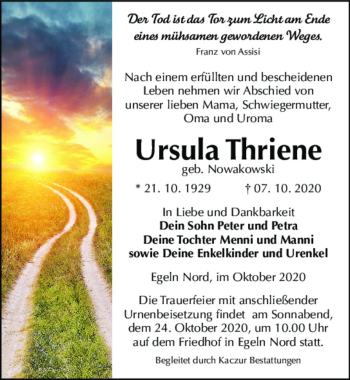 Traueranzeige von Ursula Thriene (geb. Nowakowski)  von Magdeburger Volksstimme