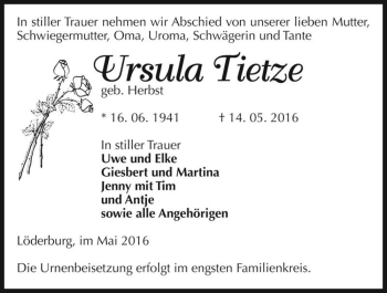 Traueranzeige von Ursula Tietze (geb. Herbst)  von Magdeburger Volksstimme