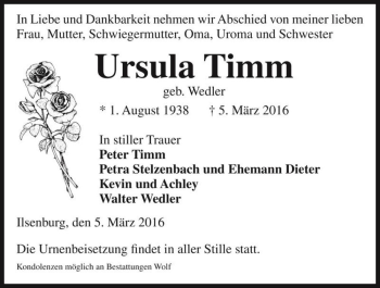 Traueranzeige von Ursula Timm (geb. Wedler)  von Magdeburger Volksstimme