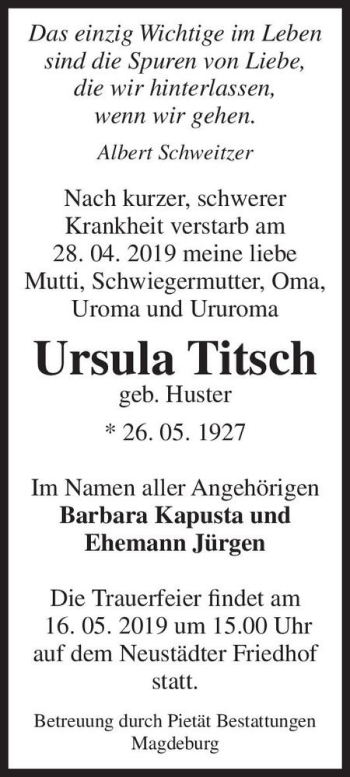 Traueranzeige von Ursula Titsch (geb. Huster)  von Magdeburger Volksstimme