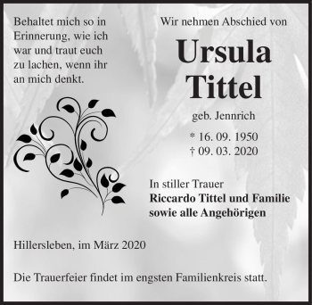 Traueranzeige von Ursula Tittel (geb. Jennrich)  von Magdeburger Volksstimme