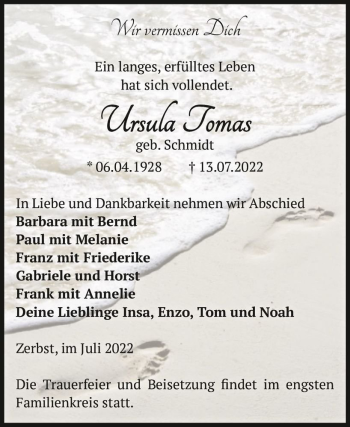 Traueranzeige von Ursula Tomas (geb. Schmidt)  von Magdeburger Volksstimme