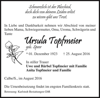 Traueranzeige von Ursula Topfmeier (geb. Speer)  von Magdeburger Volksstimme