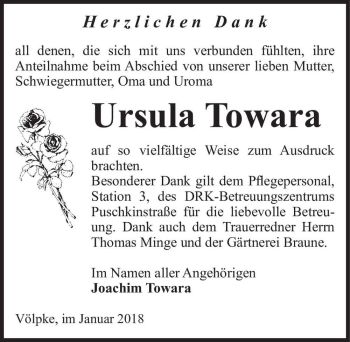 Traueranzeige von Ursula Towara  von Magdeburger Volksstimme