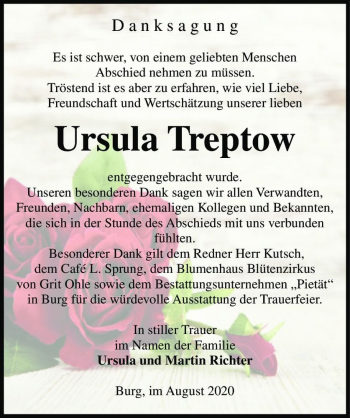 Traueranzeige von Ursula Treptow  von Magdeburger Volksstimme