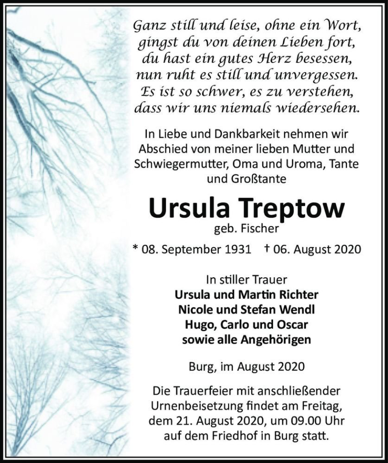  Traueranzeige für Ursula Treptow (geb. Fischer)  vom 15.08.2020 aus Magdeburger Volksstimme
