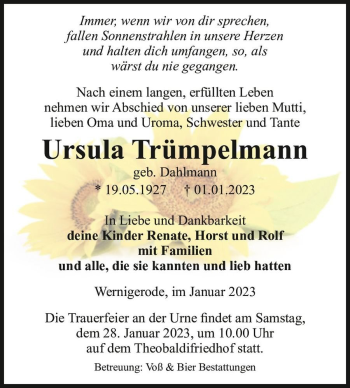 Traueranzeige von Ursula Trümpelmann (geb. Dahlmann)  von Magdeburger Volksstimme