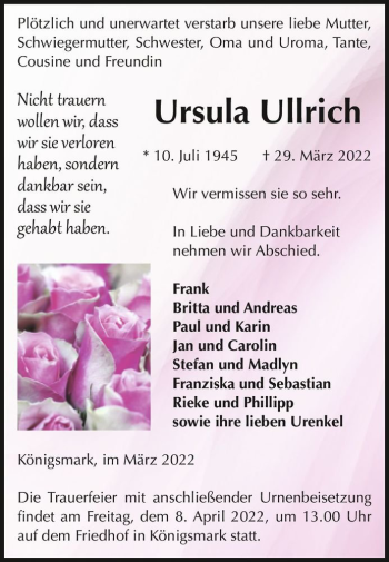 Traueranzeige von Ursula Ullrich  von Magdeburger Volksstimme